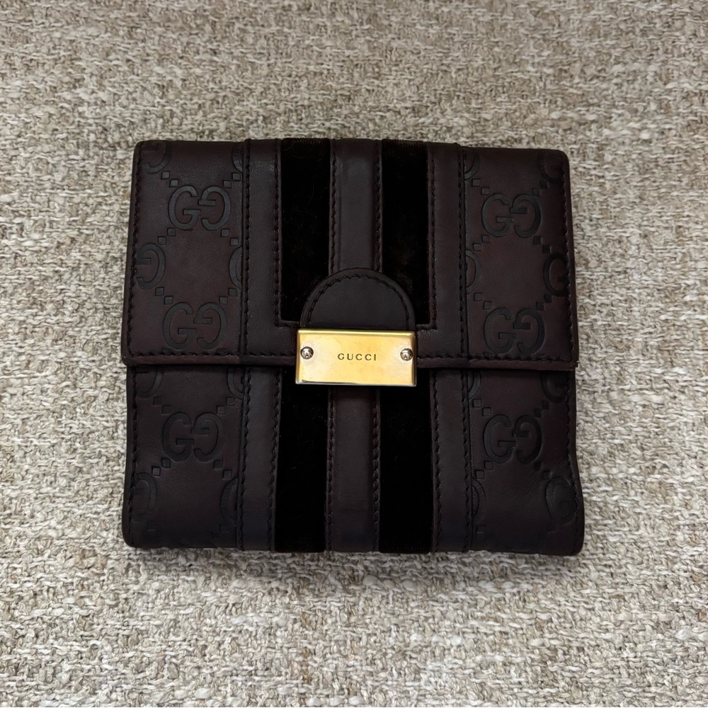 😍Gucci Ssima Leather and Velour Brown Trifold Wallet